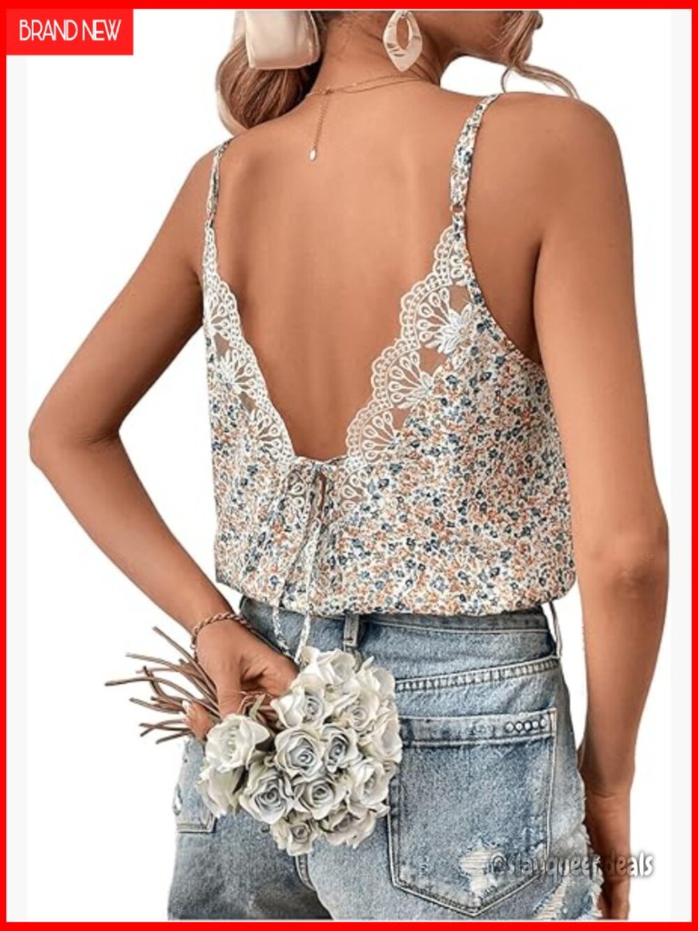 Ditsy Floral Print Cami Top V Neck Lace Trim Tie Backless Summer